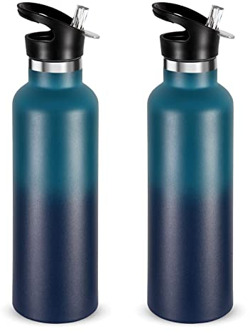 Volhoply 750ml Insulated Water Bottles Bulk 2 Pack,Stainless Steel Double Wall Sport Bottle with Straw Lid,Metal Reusable Cup with Hand Cap for Cyclists,Gift (Dark Night Gradient, 2)