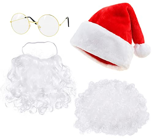 VINFUTUR 4 Stücke Weihnachtsmann Kostüm Zubehör, Weihnachtsmütze Weihnachtsmann Brille Weihnachtsmann Perücke und Bart Nikolauskostüme Zubehör für Weihnachten Karneval Cosplay Mottoparty