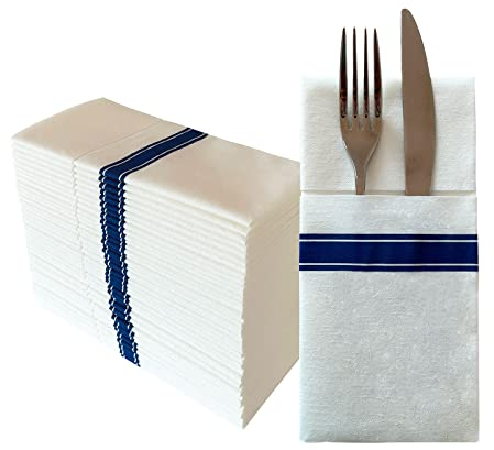 JEBBLAS Lot de 50 serviettes jetables en tissu - Poche intégrée pour couverts - Pour fête de mariage - Blanc au toucher lin - Pré-pliées pour couverts