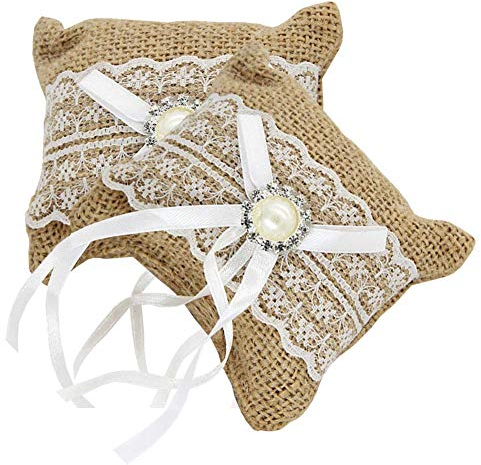 Ringkissen, kreative Jute, Hochzeitsringkissen, rustikales Ringkissen mit Spitze, Ehering, Trägerkissen für Hochzeitszeremonie, Dekoration, 2 Stück, langlebig und nützlich, Andere Edelsteine
