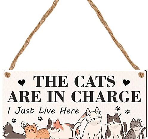 Pixie's Gifts Cats in Charge Funny Wood Plaque for Home, Gift for Cat Lovers - Humorous Decoration