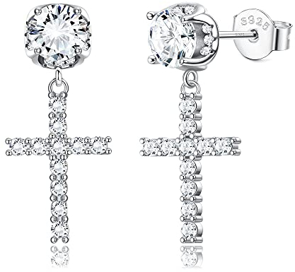 KRFY Kreuz Ohrringe Sterling Silber Cubic Zirkonia Hypoallergene Ohrringe 18K Weißgold Vergoldet Ohrhänger Hip Hop Schmuck Iced Out Kreuz Ohrringe Hängend für Damen Herren