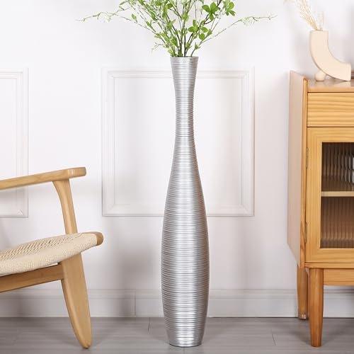 Leewadee Decorative Tall Floor Vase for Living Room Decor, 85 cm, Silver, Resin
