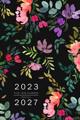 Five Year Planner 2023-2027: 6x9 Monthly Journal Organizer Medium | Watercolor Spring Flower Design Black