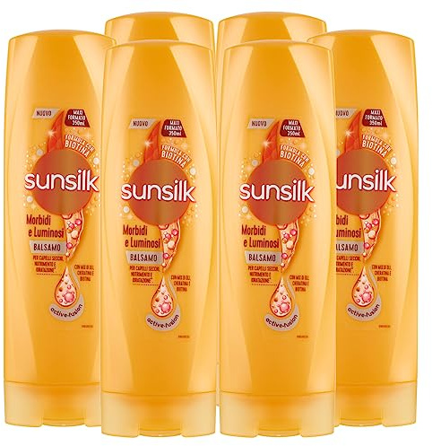 Sunsilk Morbidi e Luminosi Balsamo per Capelli Secchi con Mix di Oli Cheratina e Biotina Azione Nutriente e Idratante - 6 Flaconi da 350ml