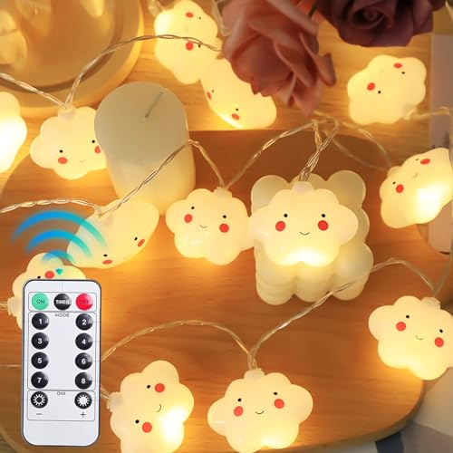 Nizirioo Weiße LED Wolkenform Dekoration Lichterkette Lichterkette Innen mit 8-Funktions-Batteriekasten und Fernbedienung, Lichterkette kinderzimmer für Fenster, Party, Außendekorationen(20LED 3m)