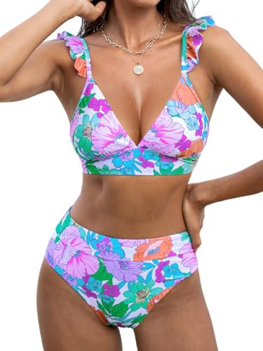 CUPSHE Bikini da donna a vita alta con stampa floreale con volant scollo a V costumi da bagno 2 pezzi costume da bagno, Viola / Verde Floreale, M