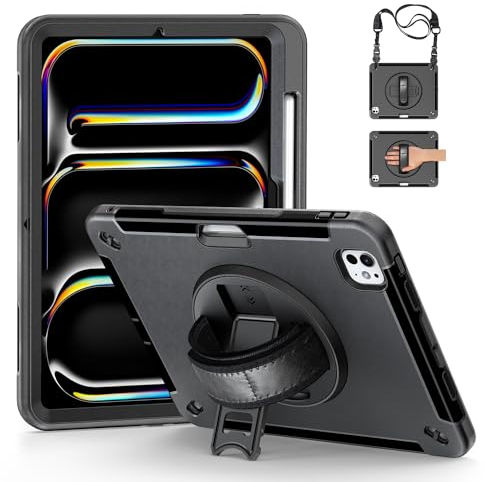 Junfire for iPad Pro 11 inch Case (M5/M4) 2025/2024, Shockproof Rugged Protective with Screen Protector/Rotating Stand/Hand Strap/Pencil Holder/Shoulder Belt for Apple iPad Pro 2025 Case 11, Black