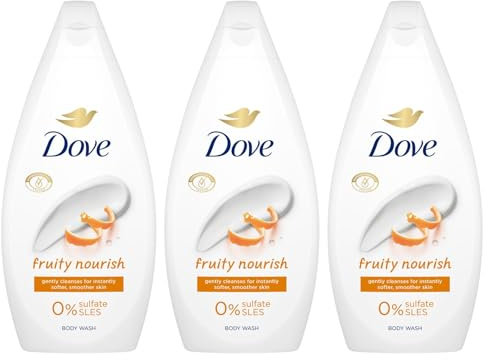 Dove Fruity Nourish Body Wash 0% Sulfate SLES for Women Made with Naturally Derived Cleansers and Plant Based Moisturiseres Gently Cleanses for Softer and Smoother Skin, 450ml Pack of 3