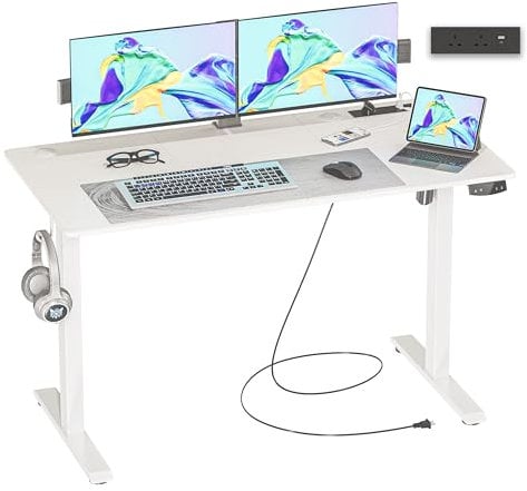 JOISCOPE Height-Adjustable Desk, Memory Height, Standing Desk, with Outlets and USB & Tpye-C and Side Hook, Ideal for Office Desk and Home Desk, 120 x 60 cm, White