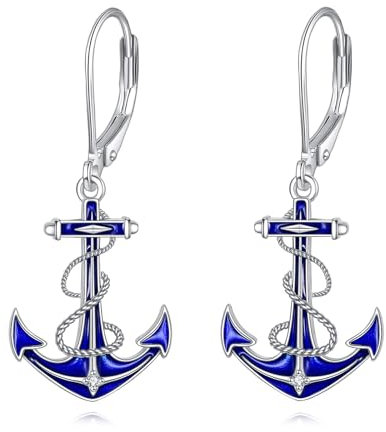 Anker Ohrringe Sterling Silber Nautische Drop Ohrringe Lenkrad Faden Ozean Meer Nautische Thema Schmuck Geschenke für Damen Mädchen (Blauer Anker)