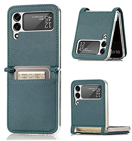Asuwish Phone Case for Samsung Galaxy Z Flip 3 5G 2021 Cover and Lychee Leather with Credit Card Holder Slot Protective Soft TPU Slim Cell Accessories ZFlip3 Z3 Flip3 3Z ZFlip35G G5 Women Men Green
