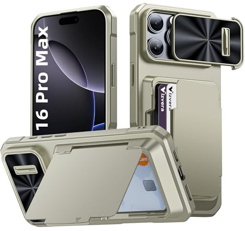Vizvera iPhone 16 Pro Max Case with RFID Card Holder, Slide Camera Cover, Kickstand, Matte Hard Back, TPU Soft Edge Case Anti Drop Dustproof Wallet Phone Cover - Titanium