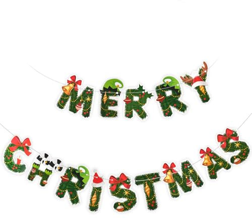 Weihnachten Girlande Merry Christmas, Buchstaben Banner mit Band, Weihnachtsfahnen Frohe Weihnachten, Hängende Girlande Flagge, Heimdekoration für Wand Deko Partyzubehör