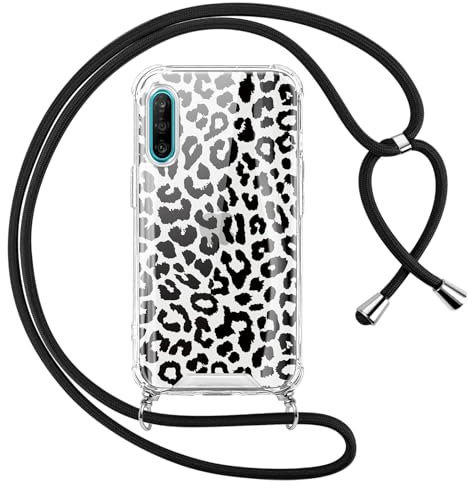 Oelrstfe Handyband für Huawei P30 Lite/Nova 4e Hülle mit Band,Leoparden Motiv Transparent Silikon Handyhülle mit Kette Kordel zum Umhängen Stoßfest Kratzfest Anti-Vergilbung Schutzhülle,Schwarz