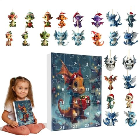 Adventskalender 2024, 24 Tage Countdown Weihnachtskalender, Drachen Ornament Adventskalender 2024 | 2D Acryl Tier Ornamente | Adventskalender Drachen Ornament Anhänger für Weihnachtsbaum