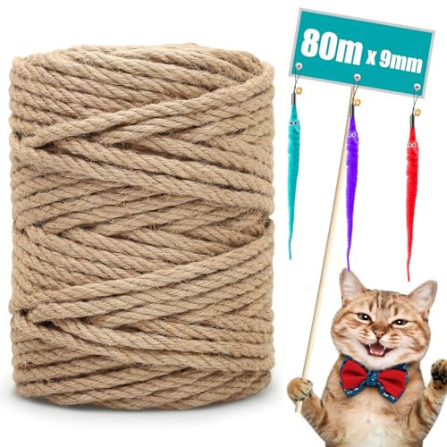 Sisalseil für Kratzbaum, 9MM X 80M Natur Sisalseil, Sisal Katzenbaum Schnur inkl. 3 Katzenspielzeug, Kratzsaule Sisal Seil für Katzen, Kratzbaum, Kratzseil, Haushalt, DIY, Garten, Dekoration