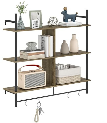 HOMCOM Floating Shelves, 104CM Wall Mounted Ladder Shelf with 4 Hooks, Rustic Hanging Display Shelf for Living Room, Entryway, Kitchen, Grey Wood Effect