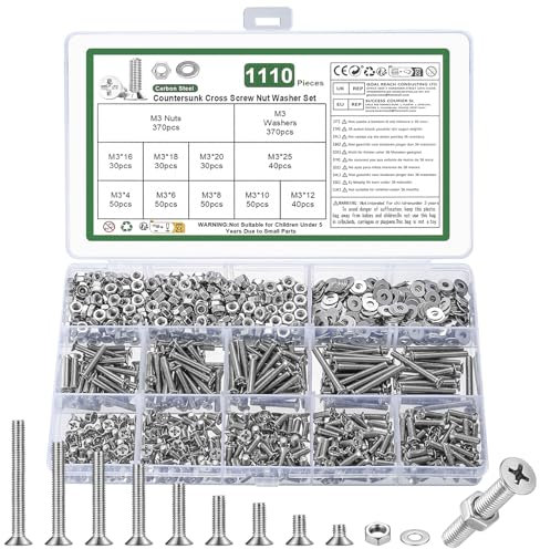 1110 Pz Set di Vis M3, Viti Bulloni e Dadi Set, Bulloni Viti a Testa Svasata e Dadi e Rondelle Kit, Bulloni Viti a Testa Piatta a Croce con Dadi, Viti Bulloni a Testa Svasata a Croce(Argento, M3)