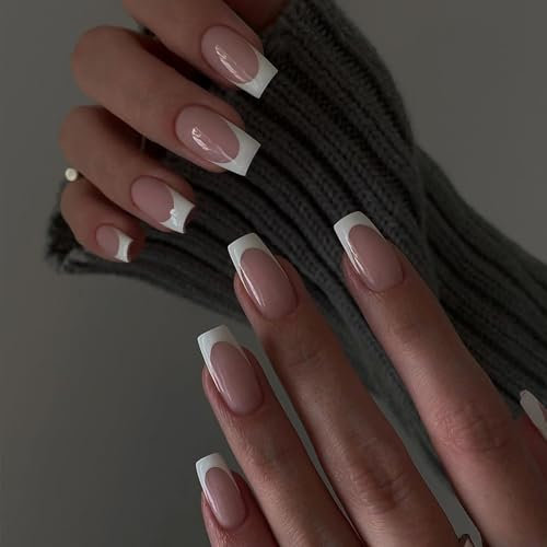 DMQ French False Nails, 24Pcs French Tip Press on Nails Square, Full Cover Nude White Stick on Nail, Fake Nails Stick on Nail with Glue for Women and Girls Nail Art