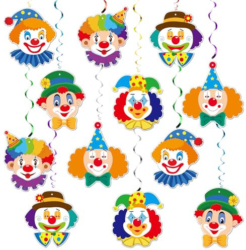 BOFUNX 12 Stück Clown Girlande Karneval Clown Wirbel Girlande Spiral Girlanden Deckenhänger mit Clownkopf Hängegirlanden Partygirlanden für Fasching Karneval Geburtstag Zirkus Party Deko