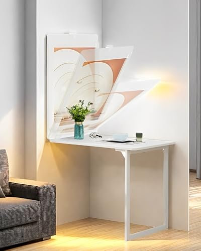 Table Murale Rabattable Blanche 90×60cm Bureau Mural Rabattable Établi Tablette Murale Rabattable Pour Table À Manger, Peu Encombrant/Adhésif Table Murale De Balcon Pliante Pour Petits Espaces