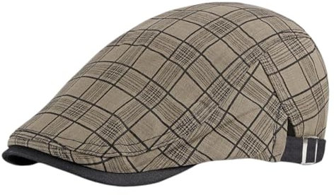Rayson Schiebermütze Herren Barett Cap Karierte Verstellbare Baskenmütze Newsboy Flat Beret Hut Atmungsaktiv Sommer(Khaki)