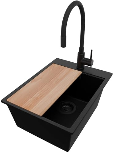 PRIMAGRAN Granitspüle ab 40er Unterschrank + Küchenarmatur, 38x50cm | Set: Küchenarmatur BW6020 + Ablauf-Set + Schneidebrett + Spülbecken 1 Becken - Oslo Top, Alles Schwarz