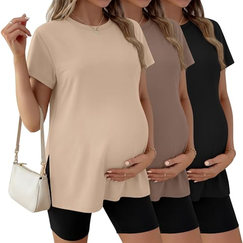 Ficerd, Confezione da 3 Magliette Premaman da Donna, Manica Corta, Spacchi Laterali, Casual, Girocollo, per Gravidanza(Nero, caffè, Albicocca,L)