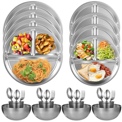 FELISTORY 28 PCS Camping Utensil Set, Mess Kit for Camping 4 People, Stainless Steel Cookware Set, Mess Kit with Plates, Bowls, Cups, Forks, Spoons, Polished Tableware for Hiking, Backpacking, Picnic