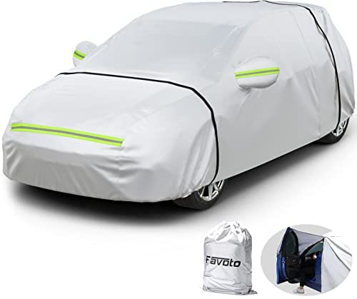 Favoto Auto Abdeckung Outdoor Autoabdeckung - Wasserdicht Staubdicht Kratzfest Winter & Sommer Autohülle Autoplane mit Reißverschluss & Reflektoren für Schrägheck 350-380cm