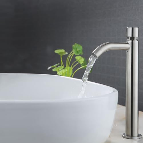 Grifo Lavabo Pulsador Agua Fria Cepillado Grifo de Baño Caño Alto Acero Inoxidable,Cepillado