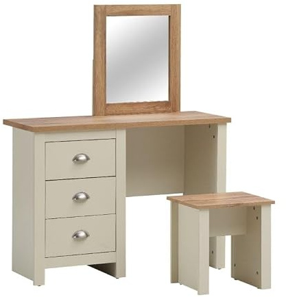 Luxury 3-Drawer Dressing Table Vanity Set - Elegant Cream & Oak-Effect Finish | Durable Bedroom Makeup Desk with Ample Storage | Easy-Clean Surface