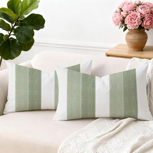 Brylleii 2er Set Kissenbezug Grün 30x50 Frühling Gestreifte Kissenbezüge Weiss Moderne Leinen Dekorative Kissen Sofa Landhausstil Kissenhüllen Dekokissen für Wohnzimmer Couch Outdoor