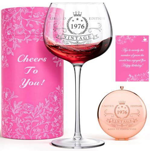 Swanfort 50th Birthday Gifts for Women, 1976 Vintage Wine Glass & Matching Mirror, Elegant Present for Mom, Friend, Daughter, Sister or Wife – Celebrating 50 Years of Love and Life