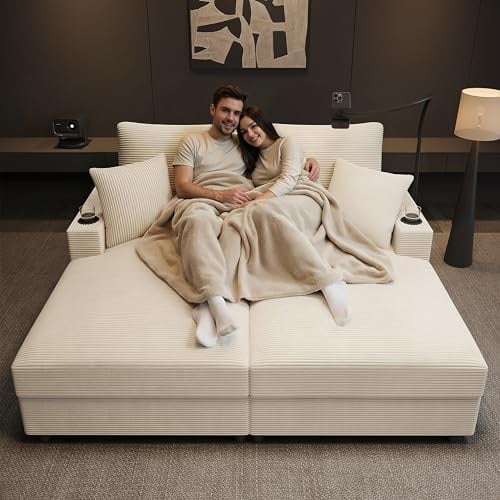 BTM 2 sitzer Schlafsofa mit Schlaffunktion Handyhalterung, Loveseat Sofabett für Wohnzimmer, Schlafzimmer und Heimkino, Beige