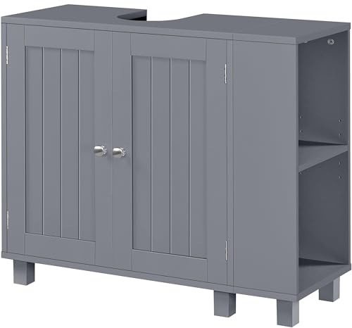 Soberine Mobile Sottolavabo per Bagno, con Ripiano Laterale Portaoggetti | con Ripiani Regolabili, 2 Scomparti dietro l'Anta e Ganci & Piedini, 75x30x62 cm, Grigio Scuro