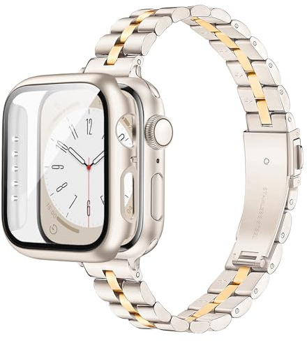 Calina Thin Strap and Case For Apple Watch 42mm(S11/10) 41mm 40mm 44mm 45mm | Slim Metal Apple Watch Straps with Protective Cover for Women, Stainless Steel iWatch Strap Series 11 10 9 8 7 6 5 4 SE