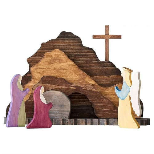 12-teiliges Oster-Auferstehungsszenen-Set aus Holz, religiöse Jesus-Krippen-Dekorationen, Holz, christliches leeres Grab, Kreuzfiguren, Tischdekoration für Ostern, Zuhause, Büro, Basteln