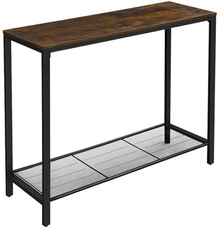 Begryf Konsolentisch 100 x 35 x 80 cm, schmaler Flurtisch Industrial mit Ablage aus Metallgitter, Beistelltisch in dunkler Holzoptik mit schwarzem Metallgestell, Eingangstisch für Flur und Wohnzimmer