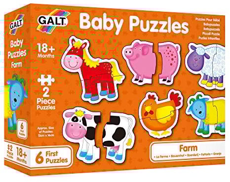Galt Baby Puzzles - Fun, Educational and Colourful Early Learning 2 Pc First Jigsaw Puzzles - Set of 6 Two Chunky Piece Puzzles for Babies - Develop Matching and Motor Skills - Ages 18 Months Plus