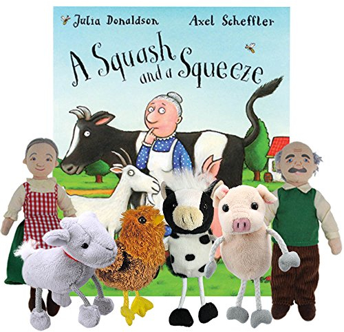 The Puppet Company A Squash and a Squeeze Paperback Book - Children's Storybook and Finger Puppet Set (Goat, Pig, Hen, Cow, Old Lady, Old Man & Red Velvet Zip-Top Storage Bag with Clear Window)