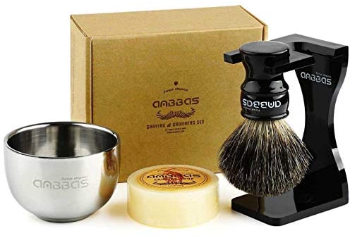 Anbbas Blaireau Rasage et Bol de rasage en Acier Inoxydable et Savon et support de Rasoir pour Brosse à barbe d l'homme 4 en 1 Kit