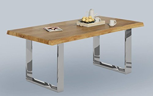 Baumkantentisch Wildeiche massiv geölt 180x100 cm mit Metallfüße in Edelstahloptik