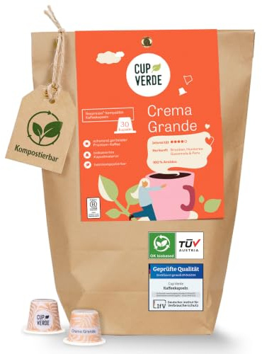CUP VERDE Crema Grande kaffekapslar komposterbara – [30 kapslar – kompatibla med Nespresso®] – kaffe – 100 % Arabica – utan aluminium – Kapselkaffe – rostkaffe – kaffenjutning – förvaringsförpackning