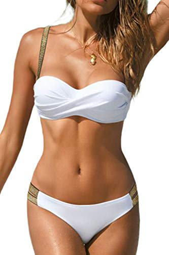 JFAN Traje de Baño de Mujer Cinturón Dorado Acolchado Bra Tops de Bikini Conjunto de Bikini de Color Liso Push Up Swimwear Dos Piezas Trajes de Baño Divididos(Blanco,S)