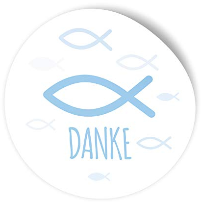 itenga 100x Sticker Aufkleber I Fisch Danke Hellblau I zum Basteln von Gastgeschenken I für Taufe, Kommunion, Konfirmation oder Firmung I 4,0 cm rund