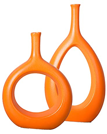 Koomiao 2er Set Blumenvasen Keramik Vasen Weiß für Wohnzimmer Tisch Zuhause Büro Deko (Orange)