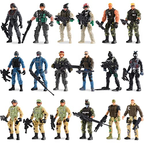 18 Stück Speziell Streitkräfte Armee Männer Soldaten Kampf Bewegliche Actionfiguren Armee Jungs Plastik Soldate Spielset Militär Spielzeug mit Militär Waffen für Kinder Party Deko, 4 Zoll