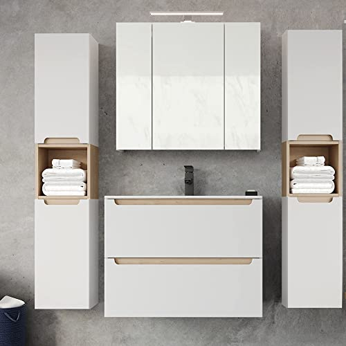 Lomadox Badezimmermöbel Set mit 80cm Waschtisch & LED-Spiegelschrank, Hochglanz weiß mit Trüffel-Buche, B/H/T ca. 180/200/46 cm